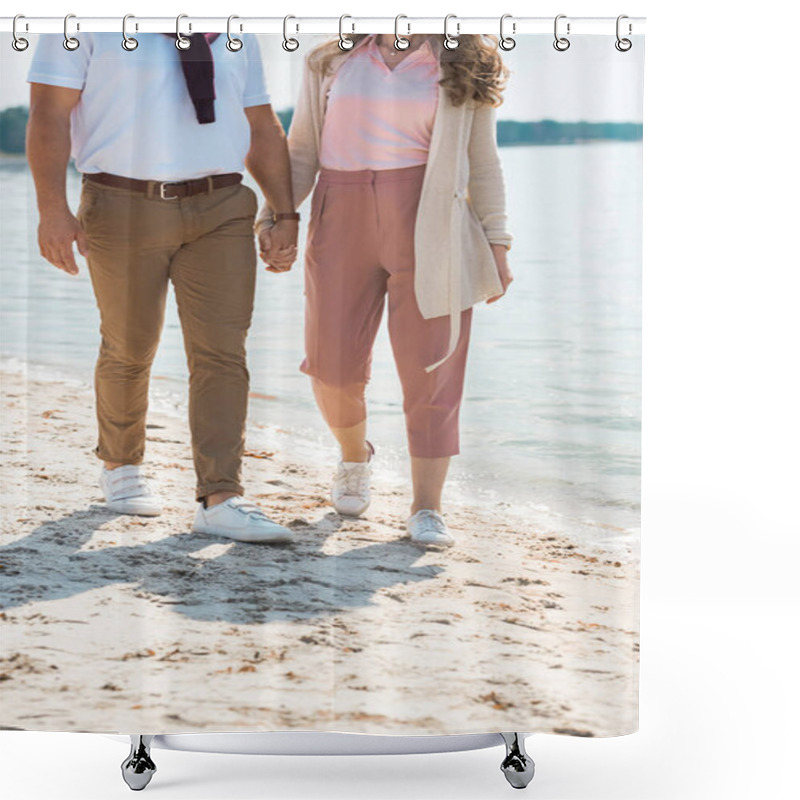 Personality  Partial View Of Romantic Couple Holding Hands While Walking On Sandy Riverside Shower Curtains