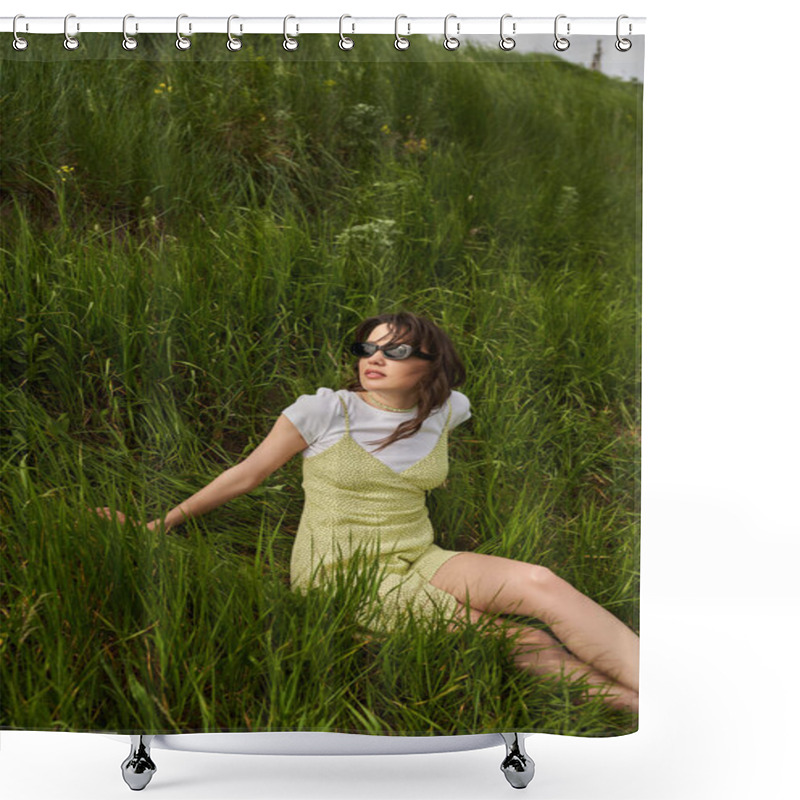 Personality  Stylish Brunette Woman In Sunglasses And Sundress Relaxing And Spending Time While Sitting On Hill With Green Grass At Background, Natural Landscape And Free-spirited Concept Shower Curtains