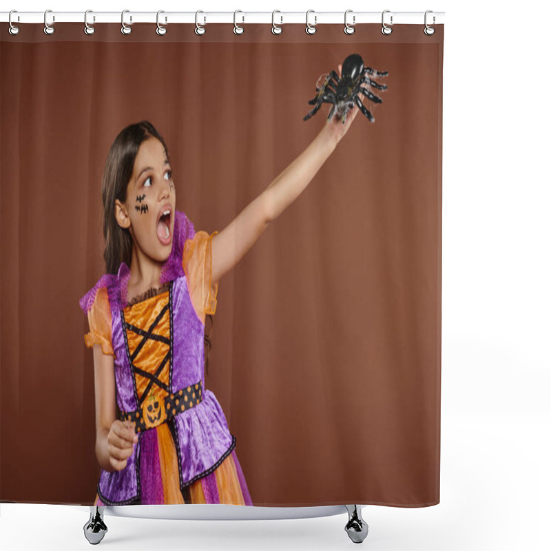 Personality  Scared Girl In Halloween Costume Looking At Black Spider And Screaming On Brown Backdrop, October 31 Shower Curtains