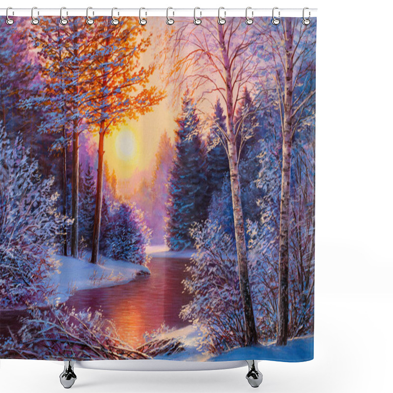 Personality  Winter Forest With River. Oil Painting Landscape. Shower Curtains