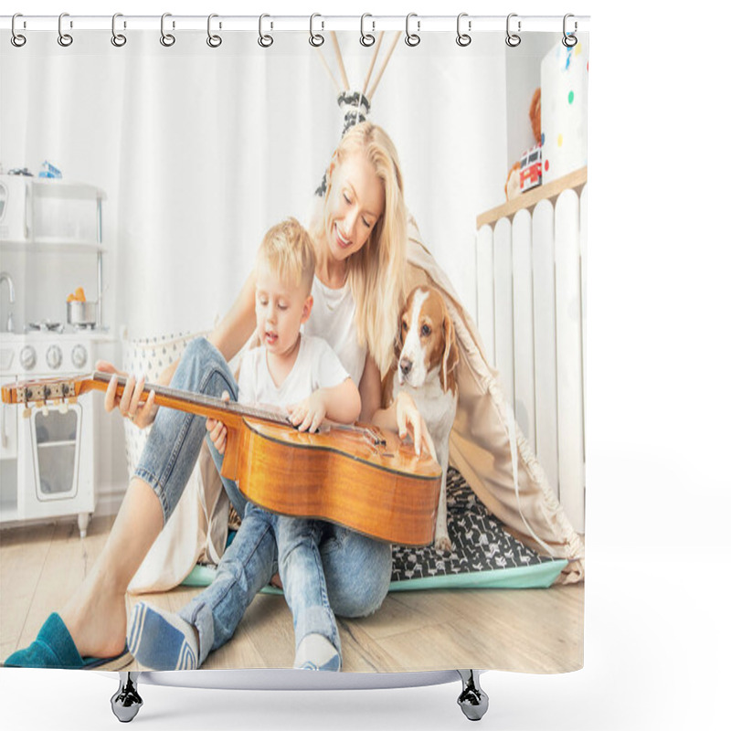 Personality  Little Boy Playing On Guitar With Mom . Shower Curtains