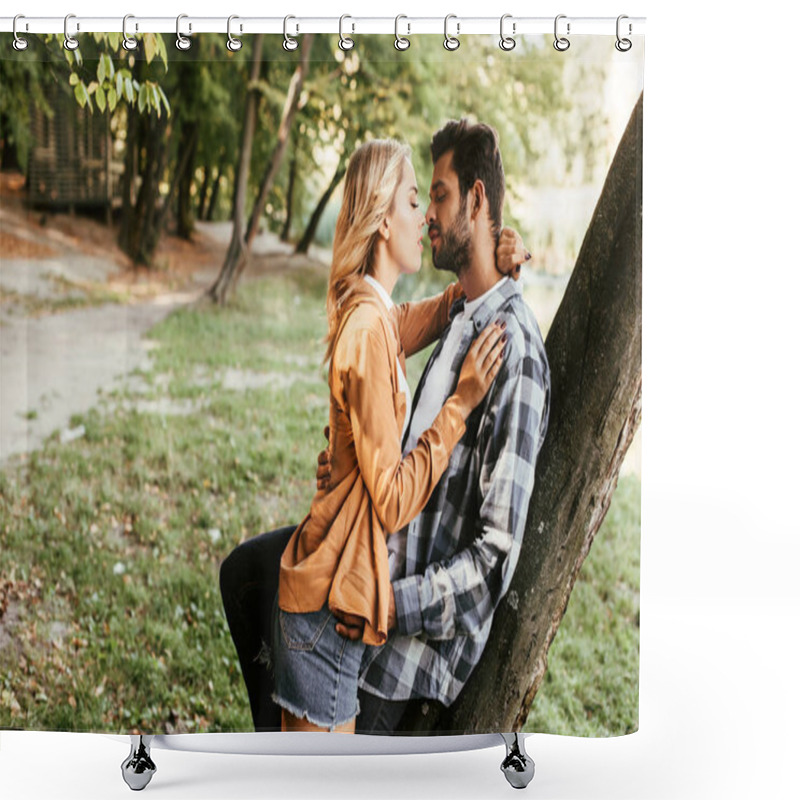 Personality  Attractive Young Woman Kissing Boyfriend While Standing Tree Trunk In Park Shower Curtains