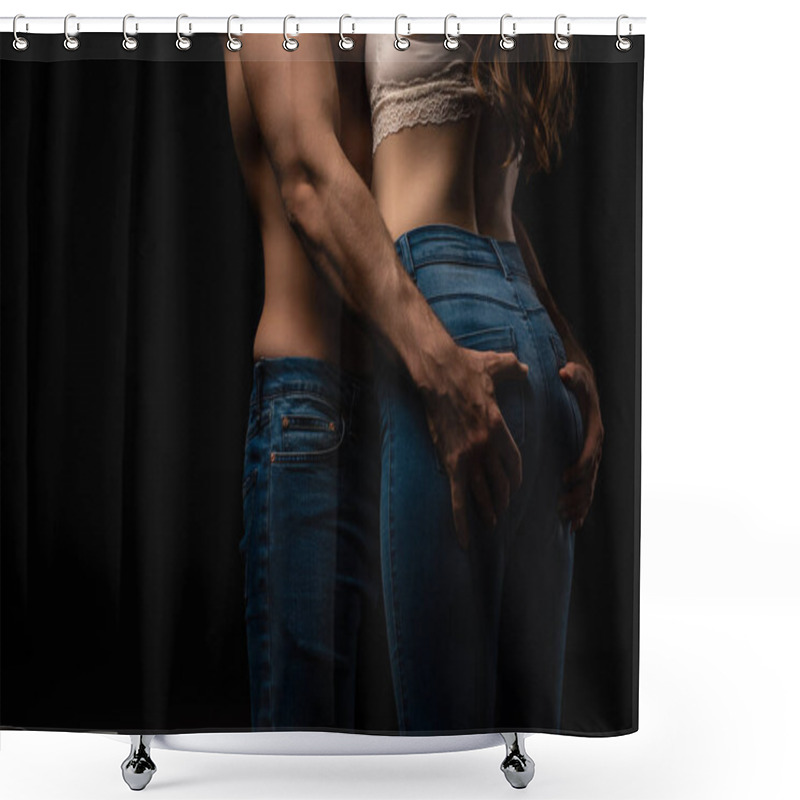 Personality  Cropped View Of Sexy Young Man Touching Girlfriend Buttocks Isolated On Black Shower Curtains