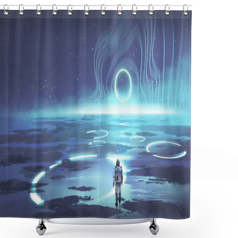 Personality  Spaceman Walking On Planet With Glowing Blue Ring Light, Digital Art Style, Illustration Painting Shower Curtains