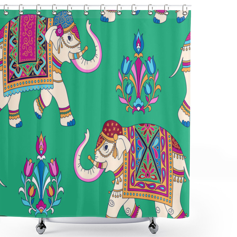 Personality  Indian Style Ornament  With White Elefpants And Floral Elements On Green Background. Seamless Pattern For Textile And Decoratio Shower Curtains