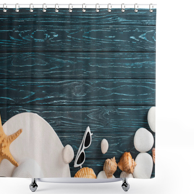 Personality  Top View Of Sun Hat, Sunglasses Near Sea Stones And Seashells On Dark Wooden Background Shower Curtains