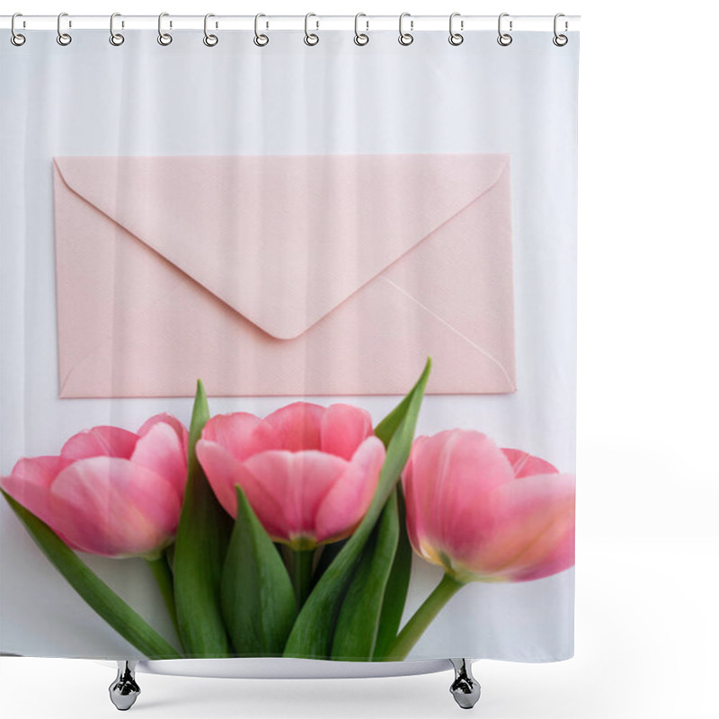 Personality  Top View Of Pink Tulips Near Pastel Envelope On White Shower Curtains