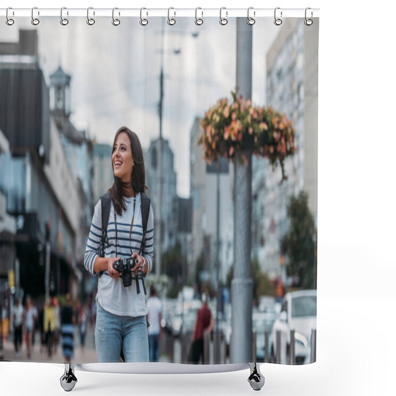 Personality  Smiling Woman With Digital Camera Looking Away With Backpack Shower Curtains