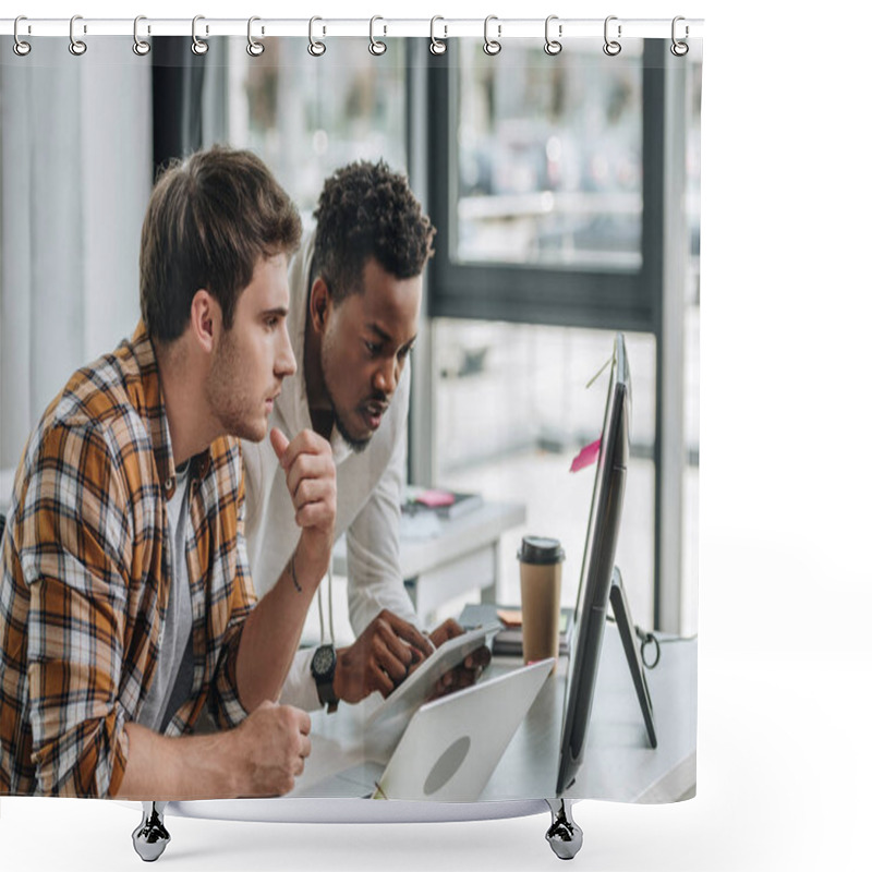 Personality  African American Programmer Using Digital Tablet While Working With Colleague In Office Shower Curtains