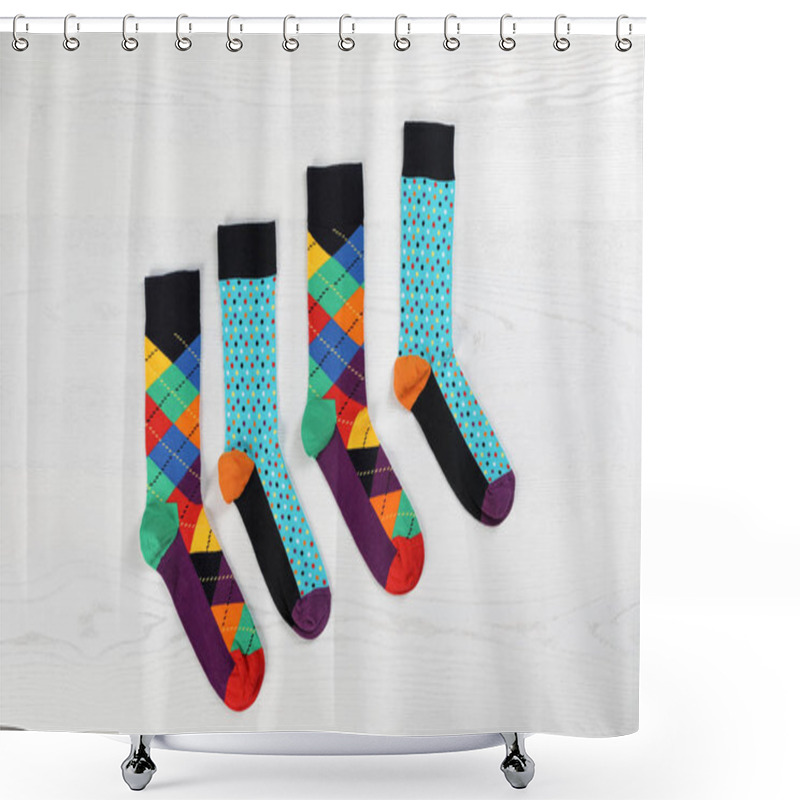 Personality  Flat Lay Composition With Different Socks  On Light Wooden Background Shower Curtains