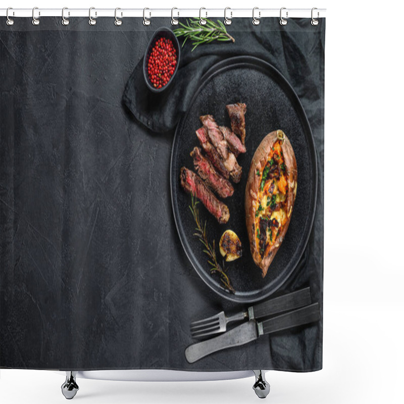 Personality  Marbled Beef Steak With Baked Sweet Potato Garnish. Grilled Meat. Organic Farm Meat. Black Background. Space For Text. Shower Curtains