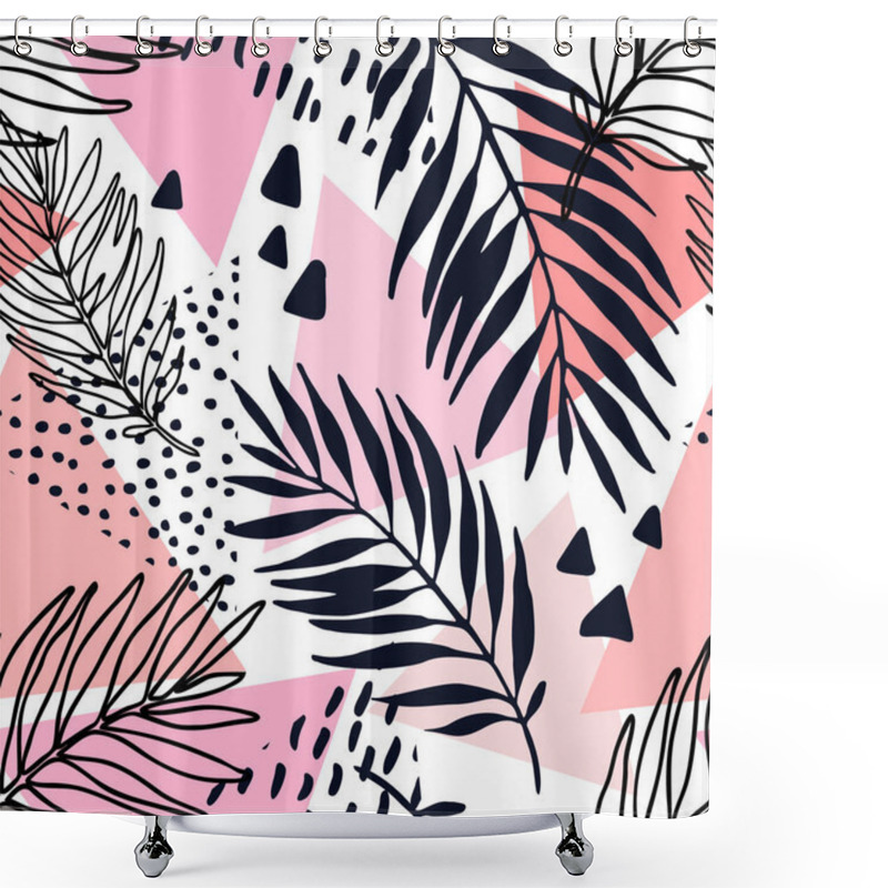 Personality  Abstract Summer Seamless Pattern. Floral And Geometric Background With Triangles, Palm Leaves, Doodle, Minimal Texture, 80s 90s Shapes, Pop Art, Memphis Elements. Hand Drawn Natural Illustration Shower Curtains