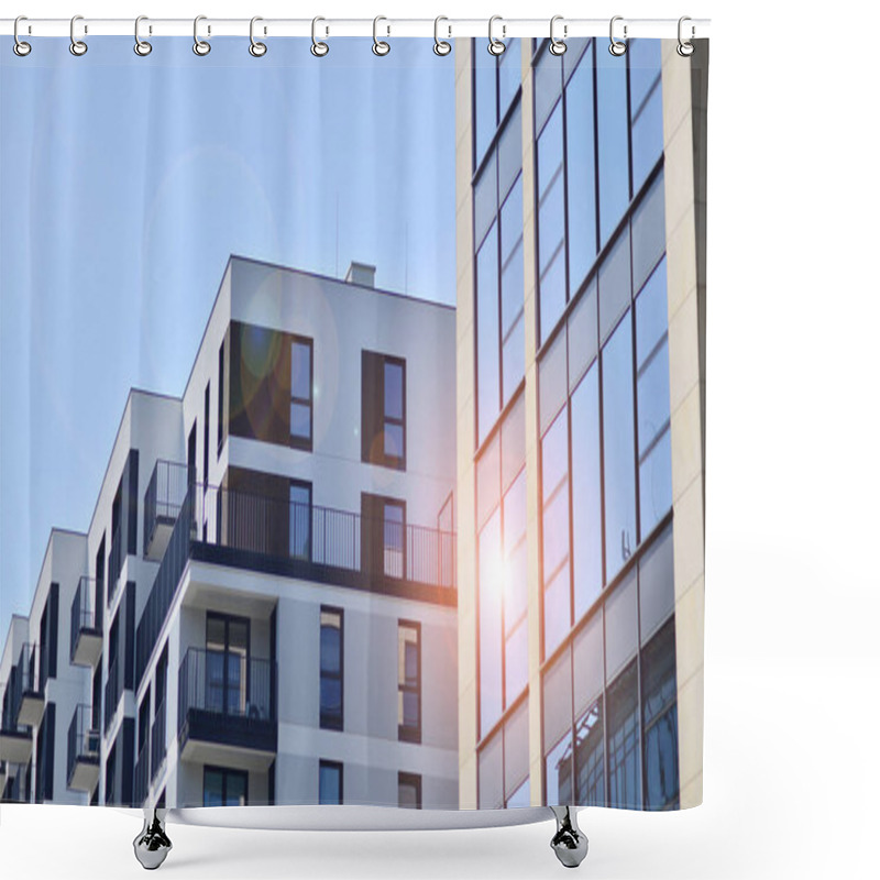 Personality  Apartment Building With Bright Facades. Modern Minimalist Architecture With Lots Of Square Glass Windows And Balconies. Shower Curtains