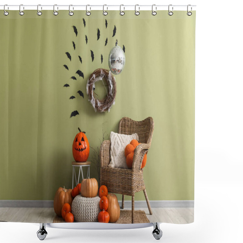 Personality  Interior Of Stylish Room With Wicker Armchair, Pumpkins And Disco Ball Decorated For Halloween Party Shower Curtains