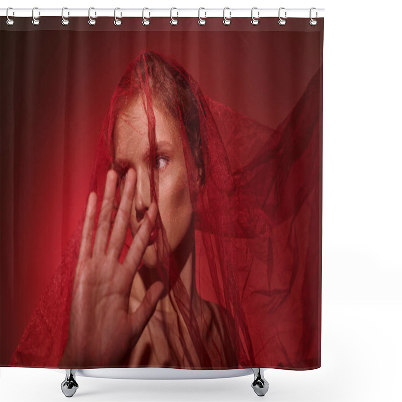 Personality  A Young Woman With Classic Beauty, Covering Her Face With Her Hands In A Studio Setting Against A Black Backdrop. Shower Curtains