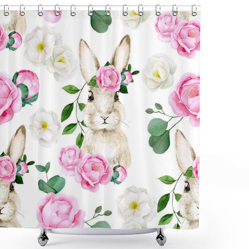 Personality  Watercolor Seamless Pattern For Easter Holiday. Cute Easter Bunny With Rose, Peony Flowers On White Background. White And Pink Flowers, Vintage Shower Curtains