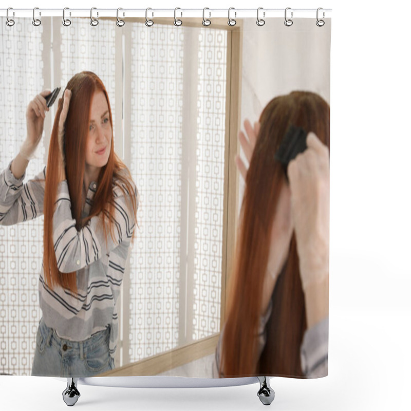 Personality  Young Woman Dyeing Her Hair With Henna Near Mirror Shower Curtains