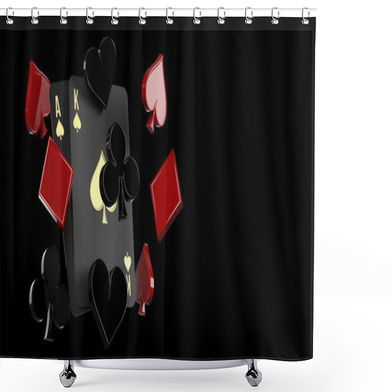 Personality  Luxury Ace And King Playing Cards And Flying Casino Gambling Symbols On Black Background, Copy Space. Online Mobile Applications, Sportsbetting, Poker, Blackjack Games In 3D Render, Clipping Path. Shower Curtains