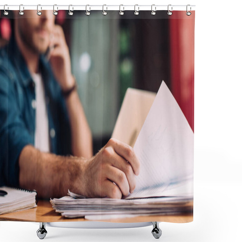 Personality  Selective Focus Of Businessman Touching Documents On Desk Shower Curtains