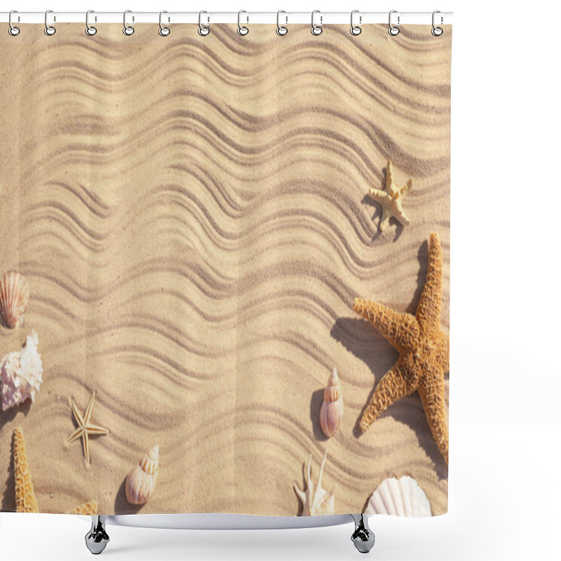 Personality  Starfishes And Seashells On Beach Sand With Wave Pattern, Flat Lay. Space For Text Shower Curtains