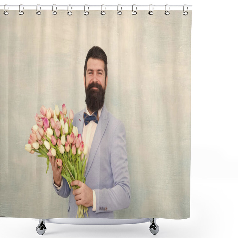 Personality  Bearded Man In Bow Tie With Tulip Flowers. Bride Groom At Wedding Party. Spring Bouquet. 8 Of March. Love Date With Flowers. Happy Birthday. Womens Day. Formal Mature Businessman. Forever Young Shower Curtains