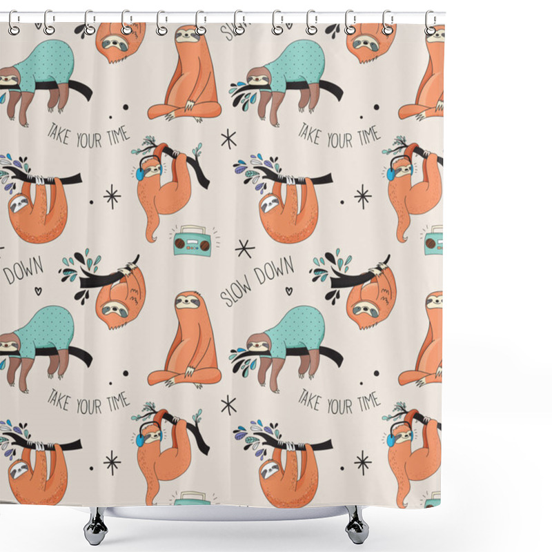 Personality  Cute Hand Drawn Sloths Illustrations, Seamless Pattern Shower Curtains