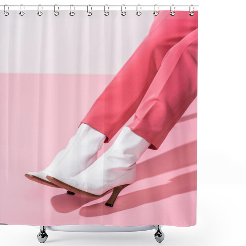 Personality  Cropped View Of Girl In Boots On White And Pink  Shower Curtains