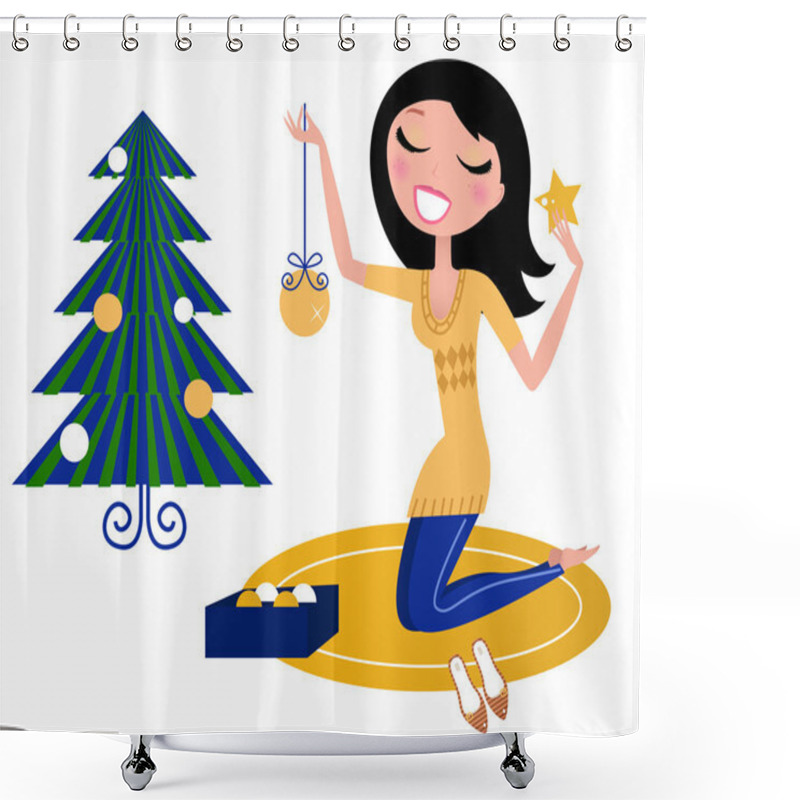 Personality  Happy Woman Preparing Christmas Tree. Shower Curtains