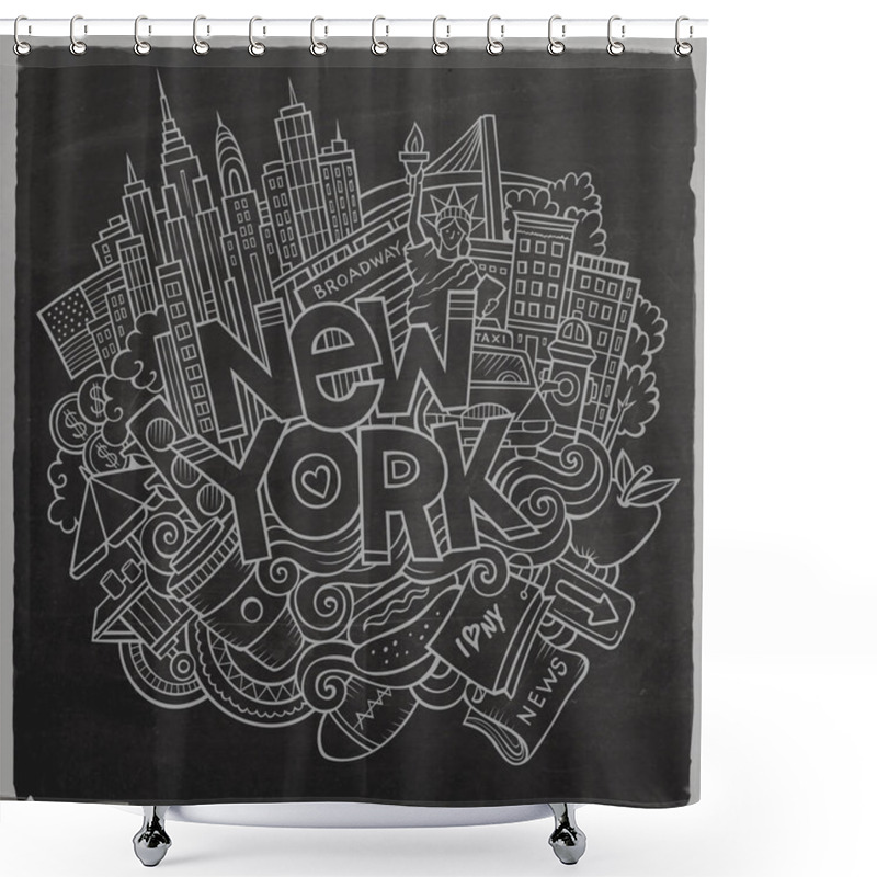 Personality  Cartoon Cute Doodles Hand Drawn New York Inscription. Chalkboard Illustration With American Theme Items. Line Art Detailed, With Lots Of Objects Background. Funny Vector Artwork Shower Curtains