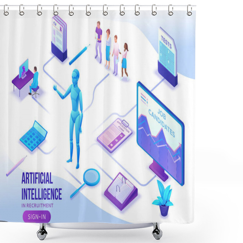 Personality  Artificial Intelligence In Human Resources, Recruiting Agency Website Template With 3d Employer Hiring Worker, Job Interview, Smart Candidate Search, Business People, Isometric Vector Illustration Shower Curtains