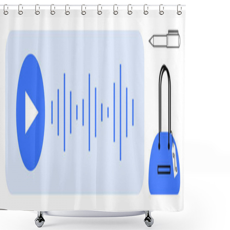 Personality  Play Button With Audio Waveform In Blue Rectangle, Black And White Pen, Blue Handbag With Price Tag. Ideal For Multimedia, Ecommerce, Fashion, Office, Shopping Tech Interfaces Mobile Apps. Line Shower Curtains