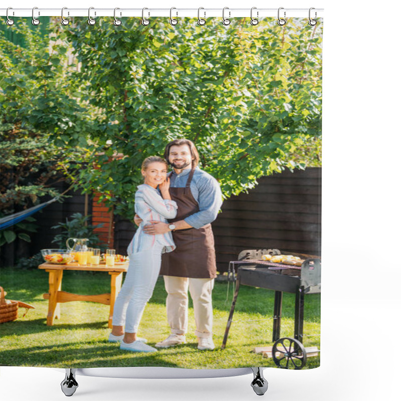 Personality  Smiling Couple Looking At Camera Having Barbecue On Backyard On Summer Day Shower Curtains