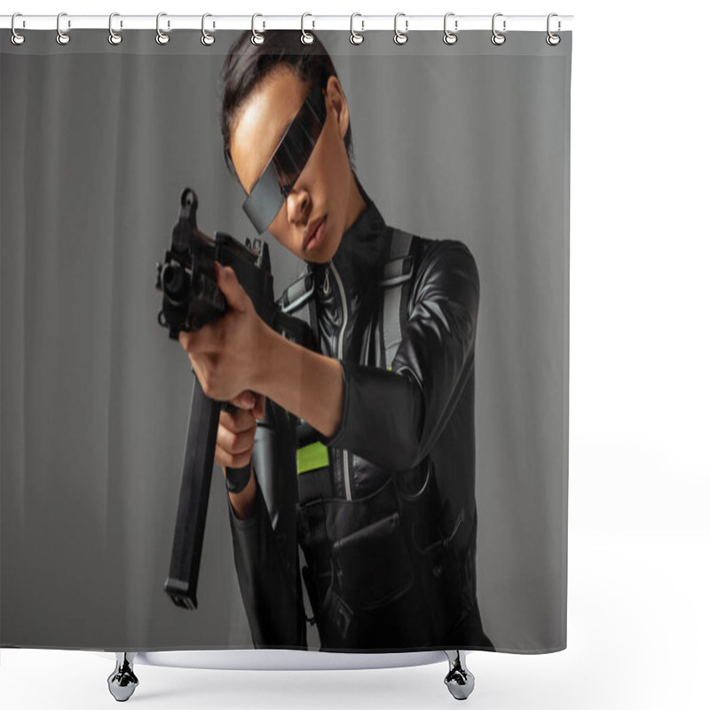 Personality  Futuristic African American Woman In Glasses Aiming Assault Rifle Isolated On Grey Shower Curtains