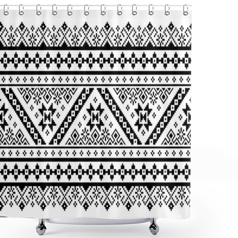 Personality  Ukrainian, Belarusian Folk Art Vector Seamless Pattern, Retro Monochrome Long Cross-stitch Ornament Inpired By Folk Art - Vyshyvanka   Shower Curtains