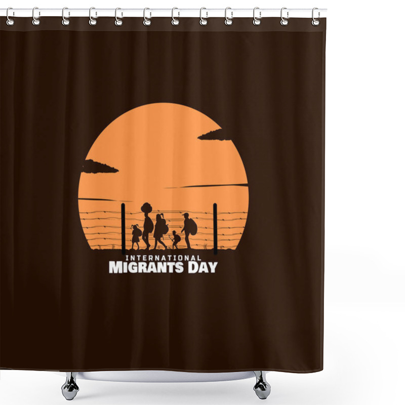 Personality  International Migrants Day To Commemorate On December 18th. Illustration Of Migrants With A Barbed Wire Fence And Sunset On Dark Brown Background. Shower Curtains