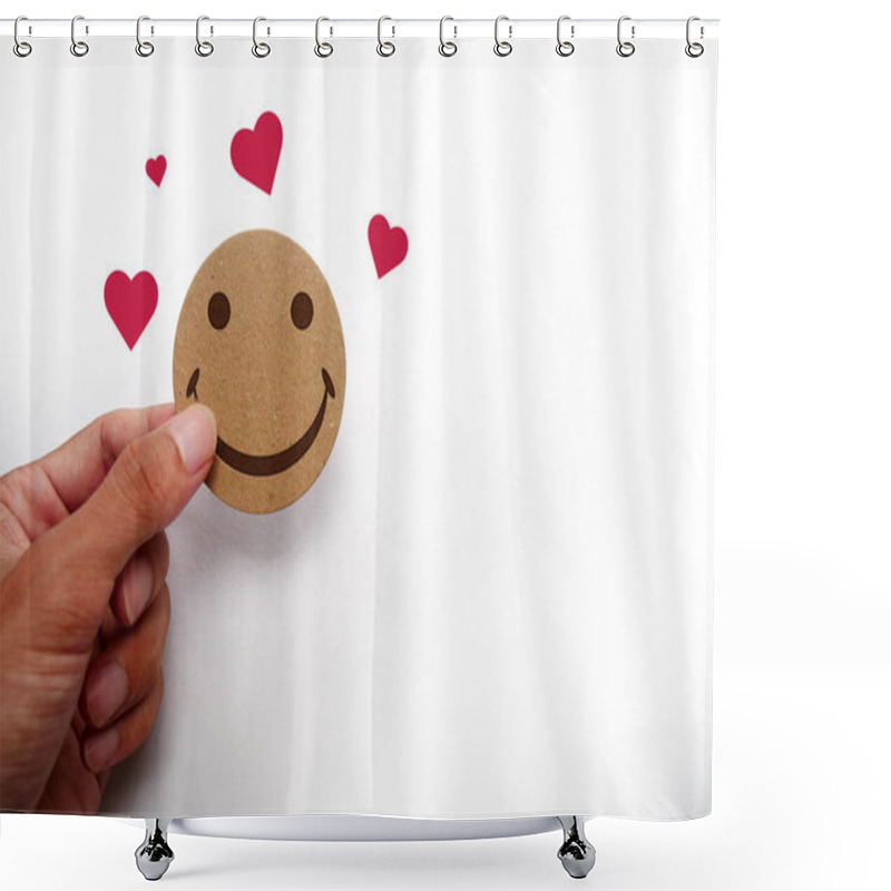 Personality  Hand Holding Happy Smile Face Card. Concept Of Happiness, Mental Health, Positive Thinking, Productive Day. Shower Curtains