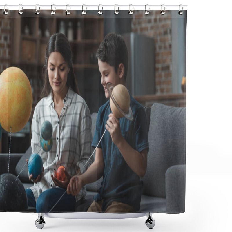 Personality  Mother And Son Assembling Galaxy Model Shower Curtains