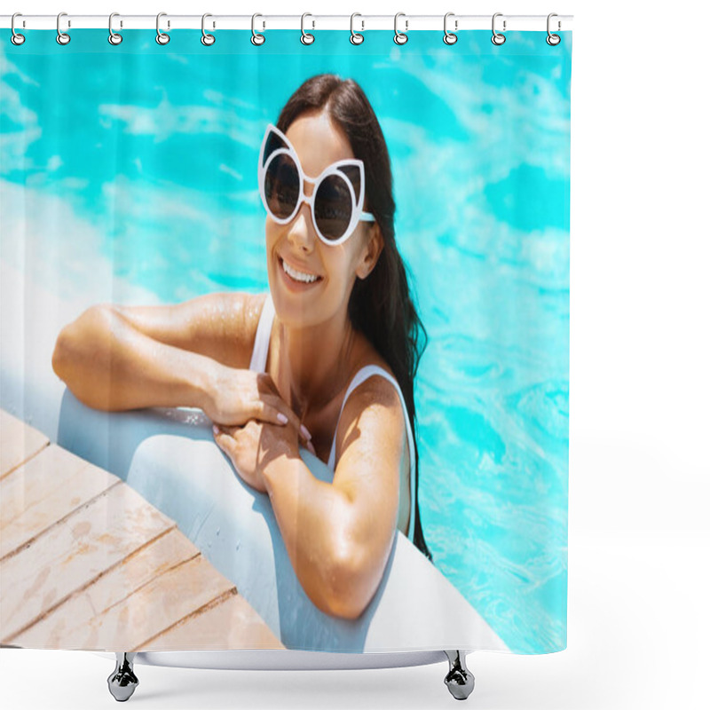 Personality  Beaming Woman Wearing Sunglasses Chilling In Pool Shower Curtains