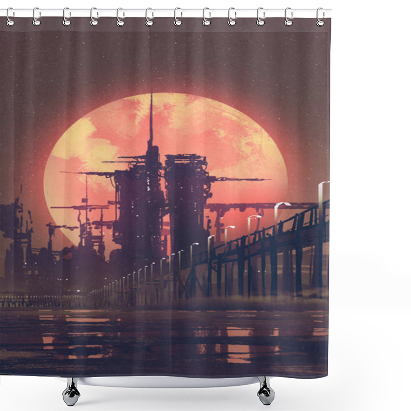 Personality  Futuristic City With Red Planet On Background Shower Curtains