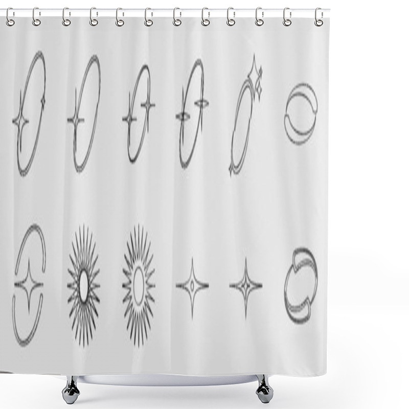 Personality  Collection Of Y2K Elements. Big Collection Of Abstract Graphic Geometric Objects. Abstract Bauhaus And Boho Cosmic Style. Minimalist Linear Form. Vector Illustration Shower Curtains