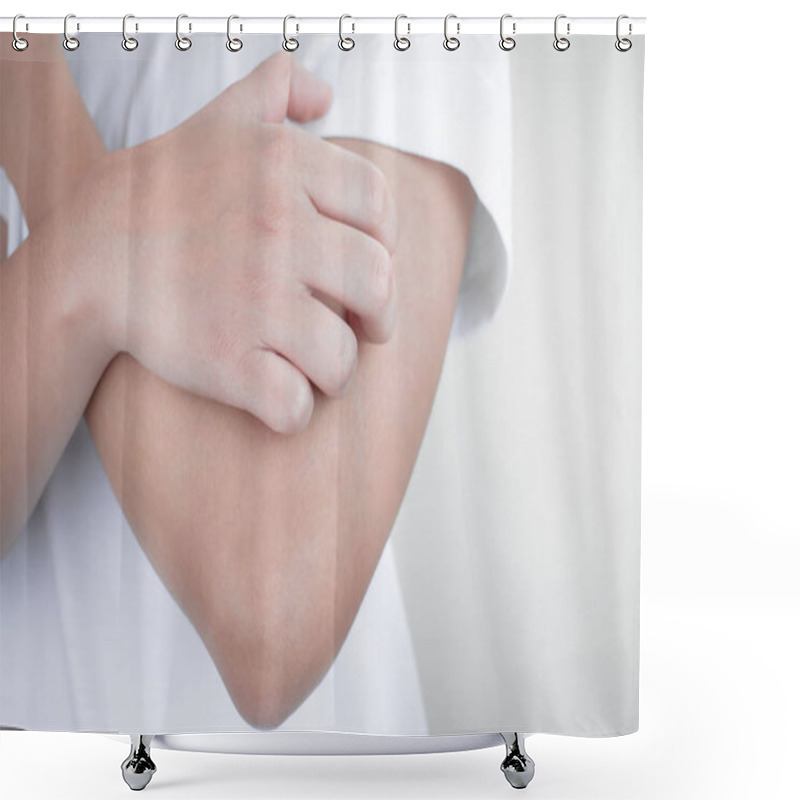 Personality  Close Up, Hands Scratching Arms From Itching On A White Backgrou Shower Curtains