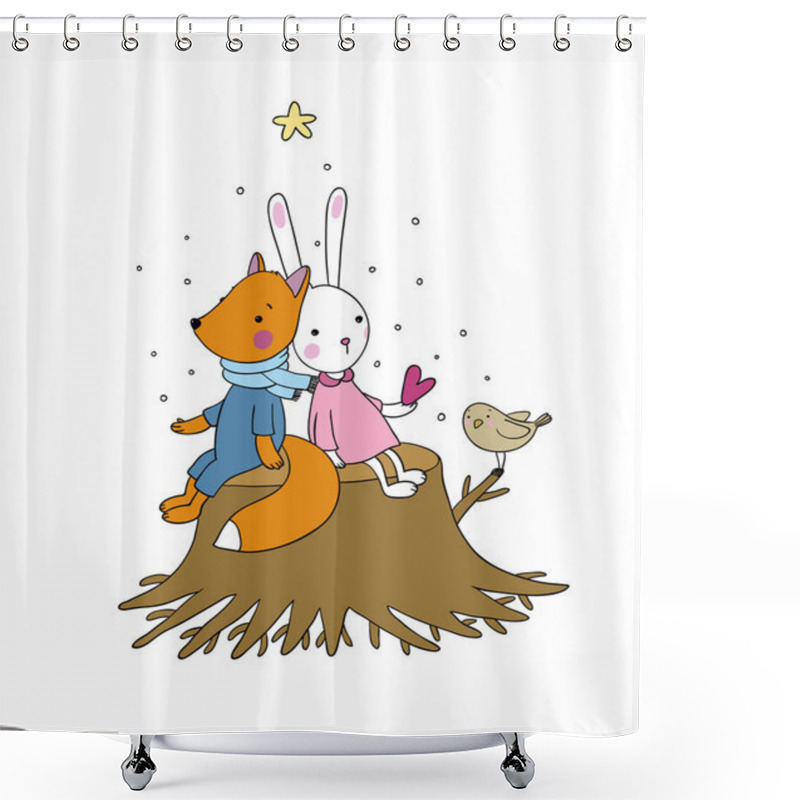 Personality  Fox, Rabbit And Bird Sitting On A Tree Stump. Shower Curtains