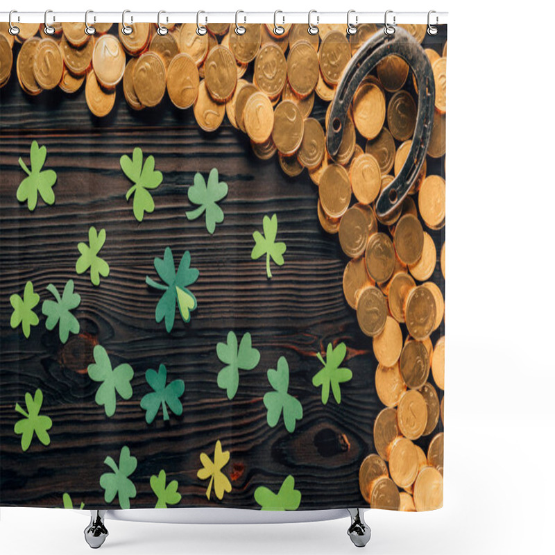 Personality  Top View Of Shamrock, Golden Coins And Horseshoe On Wooden Table, St Patricks Day Concept Shower Curtains