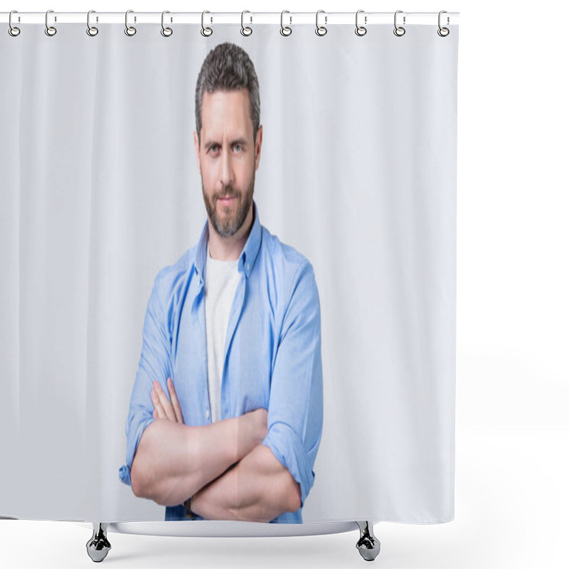 Personality  Charismatic Caucasian Man Wearing Casual Shirt. Caucasian Man In Casual Style Isolated On Grey Background. Caucasian Casual Man With Stubble In Studio. Photo Of Caucasian Man Wear Casual. Shower Curtains