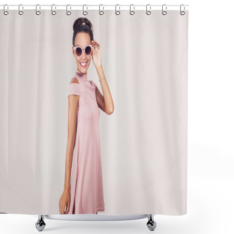 Personality  Fashion Girl With Pink Dress Isolated On White Shower Curtains