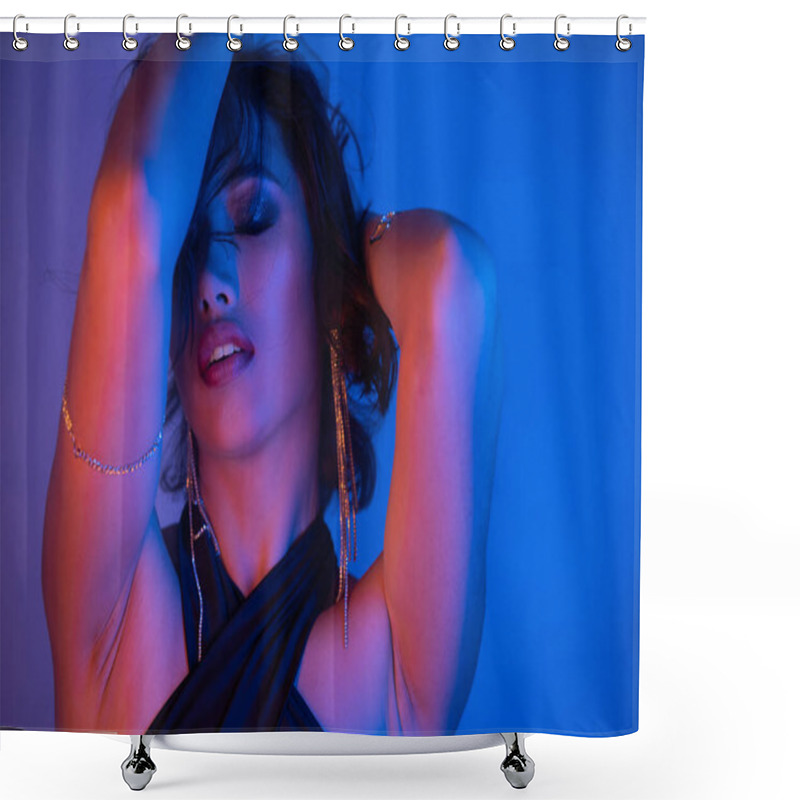 Personality  Well-dressed Young Asian Woman With Hairstyle And Makeup Dancing In Neon Light In Night Club Shower Curtains