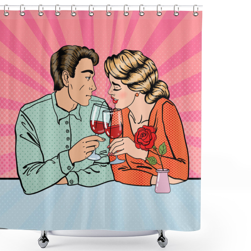 Personality  Romantic Couple With Glasses Of Wine In Restaurant. Pop Art. Vector Illustration Shower Curtains