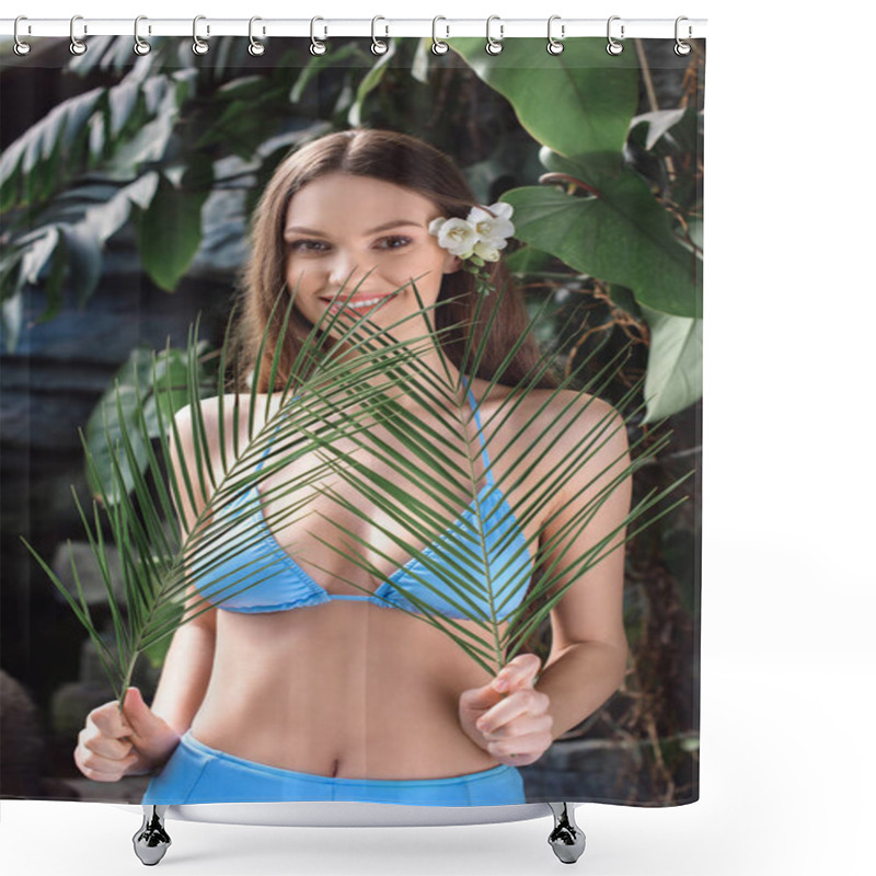 Personality  Beautiful Smiling Girl In Blue Bikini Posing With Palm Leaves On Tropical Resort Shower Curtains