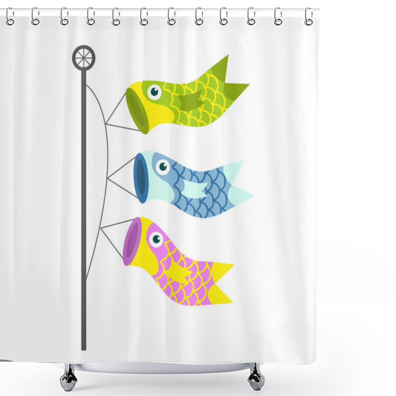 Personality  Koinobori Carp Streamer Fish Kites. Happy Childrens Day. Cartoon Fish Flag For Japanese Festival. Vector Illustration Shower Curtains