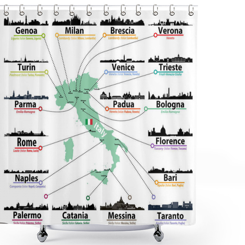 Personality  Italy Map With Largest Italian Cities Skylines Silhouettes Vector Set Shower Curtains